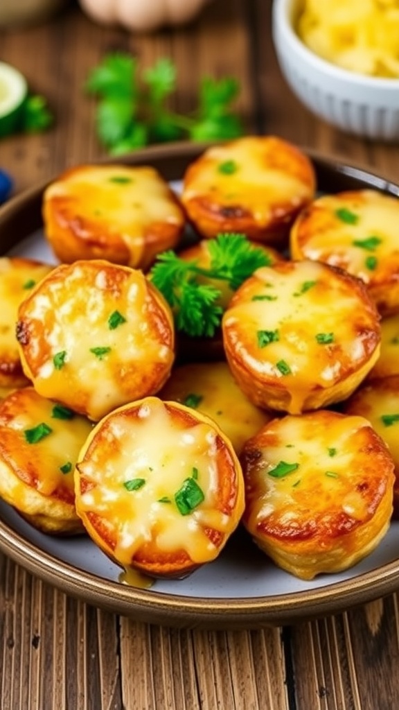 Golden-brown garlic cheeseburger bites with melted cheese and fresh parsley on a rustic wooden table.